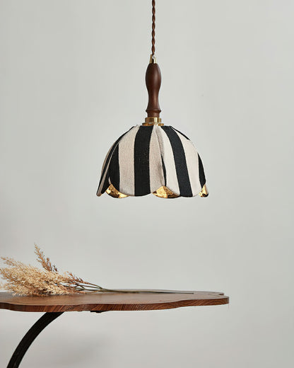 Hanging Ceiling Light with Tulip-Style Striped Shade 7.9 in Diameter Adjustable Wood Accent for Kitchen Dining Room Reading Nook Breakfast A