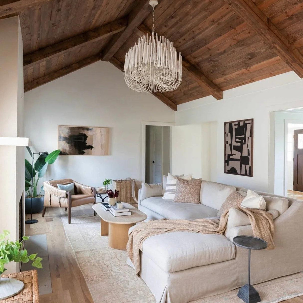 Round Tiered Wood and Metal Ceiling Light for Dining Room, Living Room and Bedroom – Adjustable Pendant with Whitewash Finish – 6 to 18 Arms