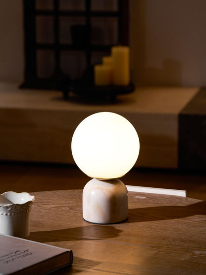 Spherical Glass Globe Accent Lamp with Natural Stone Base for Desk, Nightstand & Side Table | Modern Minimalist Home Lighting Fixture