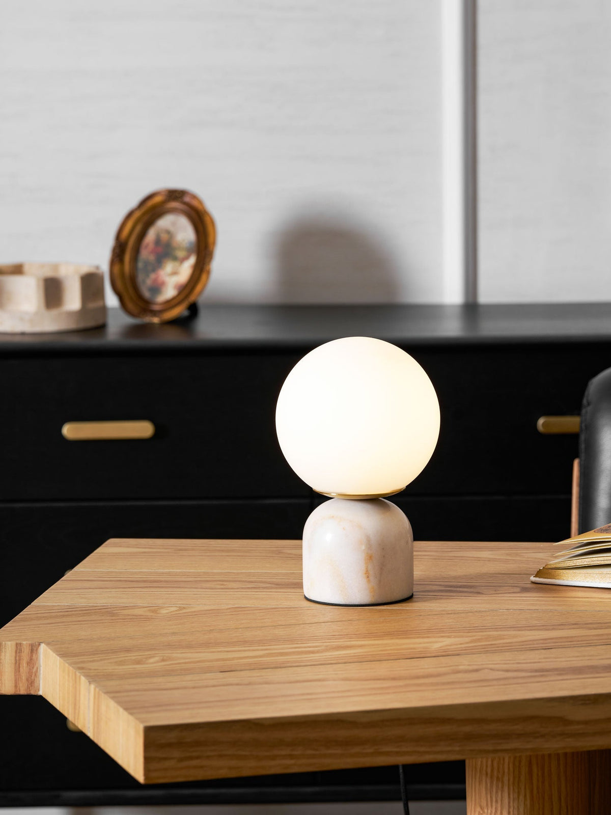 Spherical Glass Globe Accent Lamp with Natural Stone Base for Desk, Nightstand & Side Table | Modern Minimalist Home Lighting Fixture