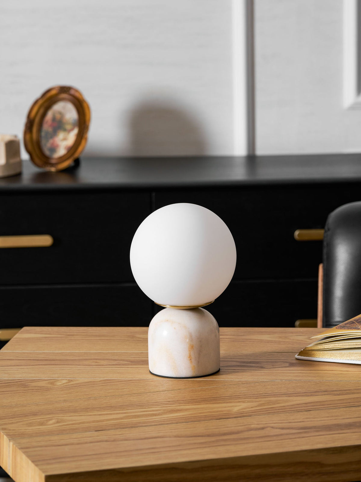 Spherical Glass Globe Accent Lamp with Natural Stone Base for Desk, Nightstand & Side Table | Modern Minimalist Home Lighting Fixture