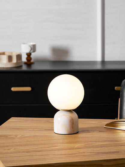 Spherical Glass Globe Accent Lamp with Natural Stone Base for Desk, Nightstand & Side Table | Modern Minimalist Home Lighting Fixture