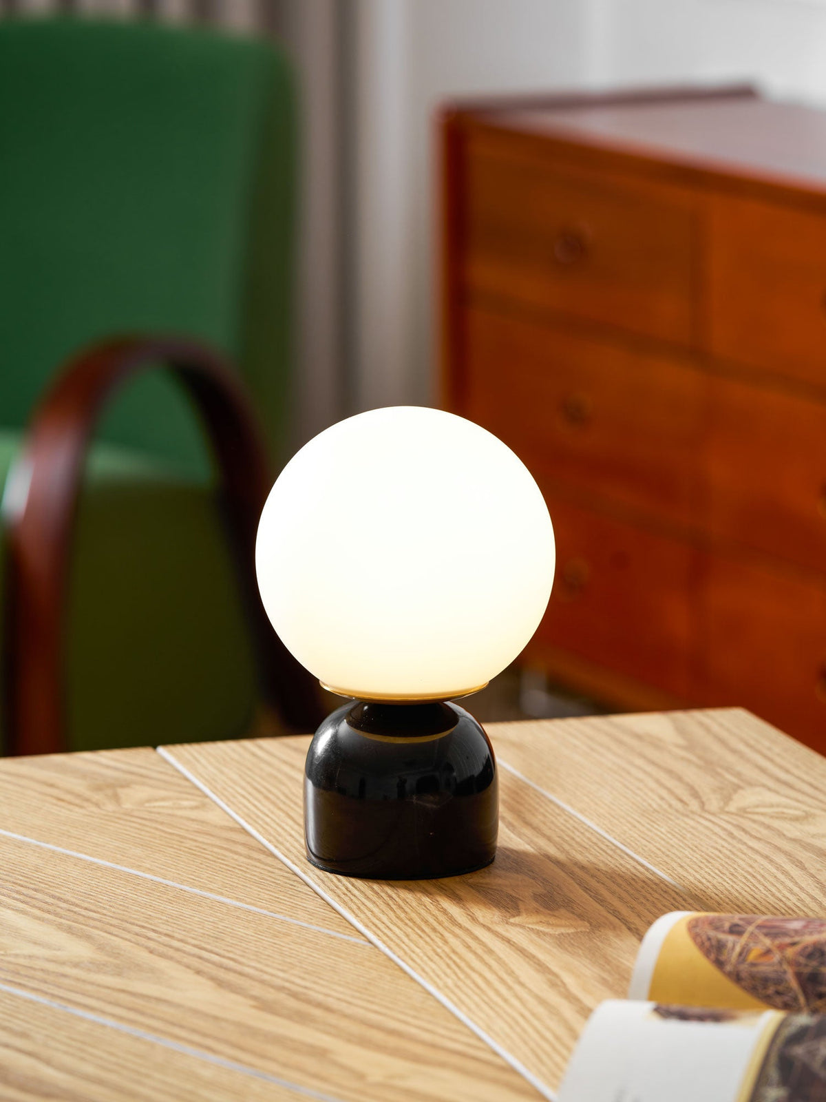 Spherical Glass Globe Accent Lamp with Natural Stone Base for Desk, Nightstand & Side Table | Modern Minimalist Home Lighting Fixture