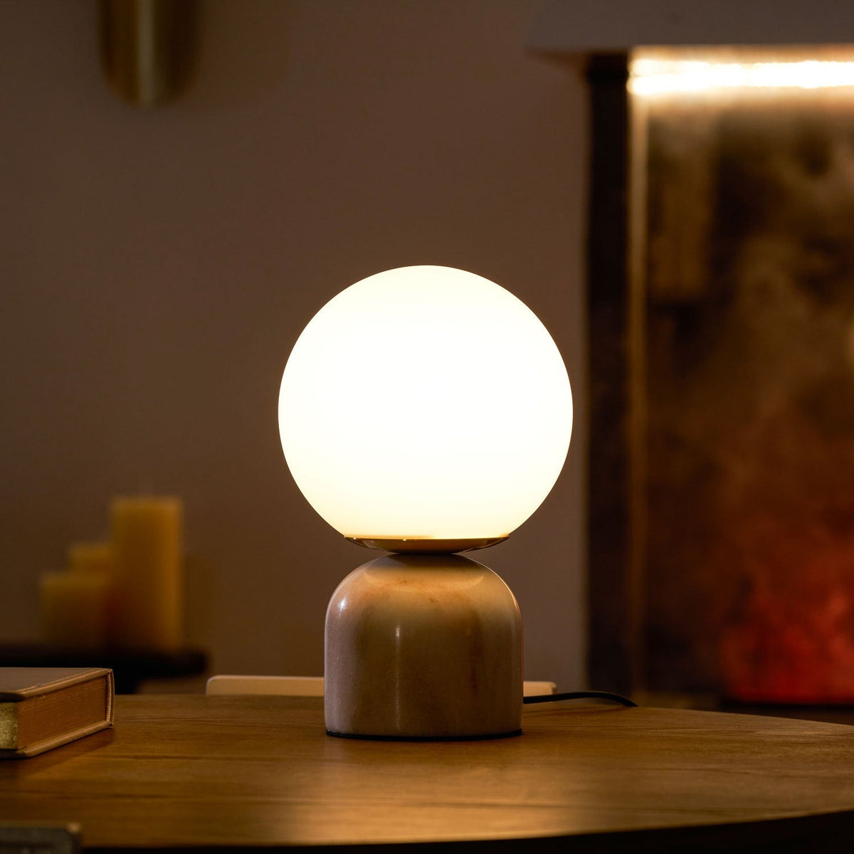 Spherical Glass Globe Accent Lamp with Natural Stone Base for Desk, Nightstand & Side Table | Modern Minimalist Home Lighting Fixture