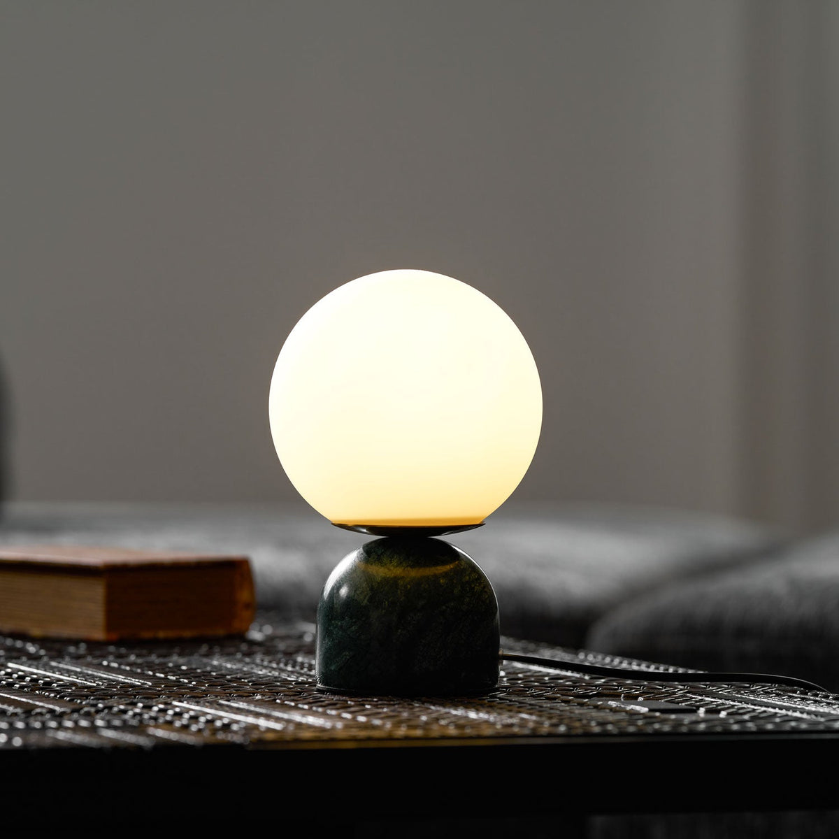 Spherical Glass Globe Accent Lamp with Natural Stone Base for Desk, Nightstand & Side Table | Modern Minimalist Home Lighting Fixture
