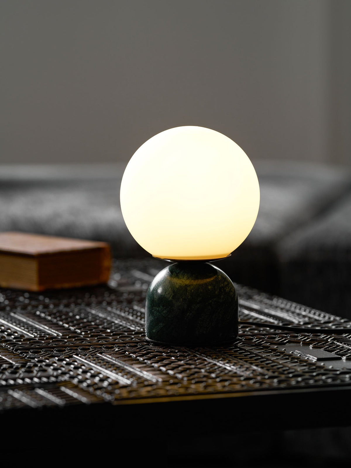 Spherical Glass Globe Accent Lamp with Natural Stone Base for Desk, Nightstand & Side Table | Modern Minimalist Home Lighting Fixture