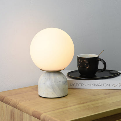 Spherical Glass Globe Accent Lamp with Natural Stone Base for Desk, Nightstand & Side Table | Modern Minimalist Home Lighting Fixture