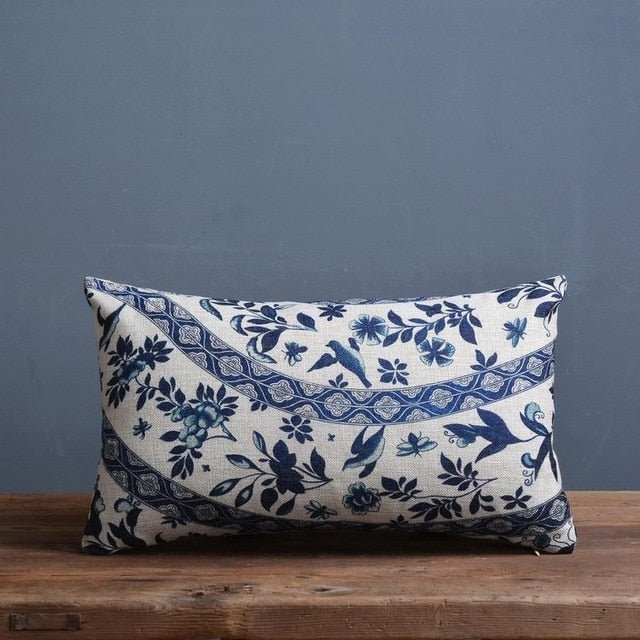 Talon Cushion Cover - Linen Cotton Blend, Blue Porcelain Print for Sofa