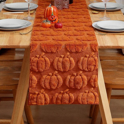 Talon Fall Table Runner - Soft Woven Fabric, Tufted Pumpkin and Ghost Design