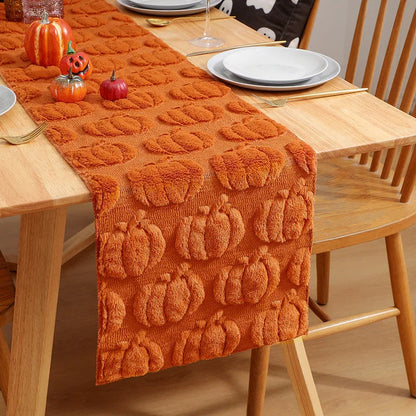 Talon Fall Table Runner - Soft Woven Fabric, Tufted Pumpkin and Ghost Design