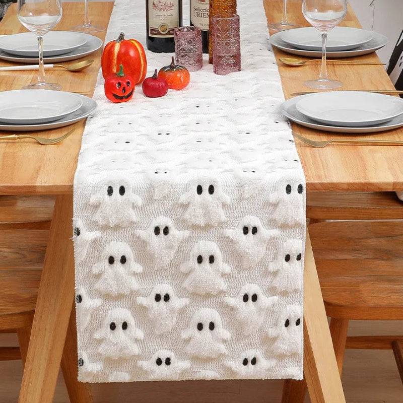 Talon Fall Table Runner - Soft Woven Fabric, Tufted Pumpkin and Ghost Design