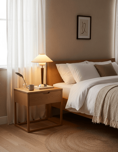 Fabric Shade Table Lamp 17 in for Nightstand & Side Table - Wood Base with E26 Socket for Bedroom Living Room Office Desk Reading Light Mini