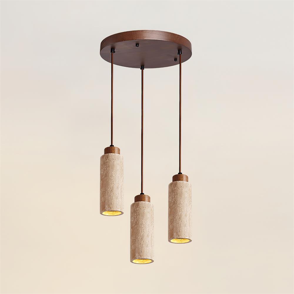 Stone Cylinder Hanging Fixture Natural Wood Accent LED Warm Glow Dining Room Kitchen Island Entryway Ceiling Light 10 inch Neutral Tone Mini