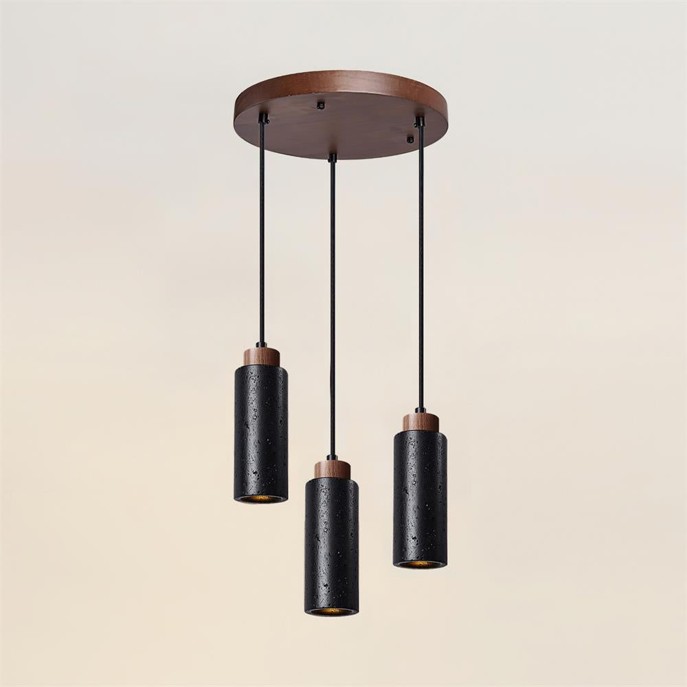Stone Cylinder Hanging Fixture Natural Wood Accent LED Warm Glow Dining Room Kitchen Island Entryway Ceiling Light 10 inch Neutral Tone Mini