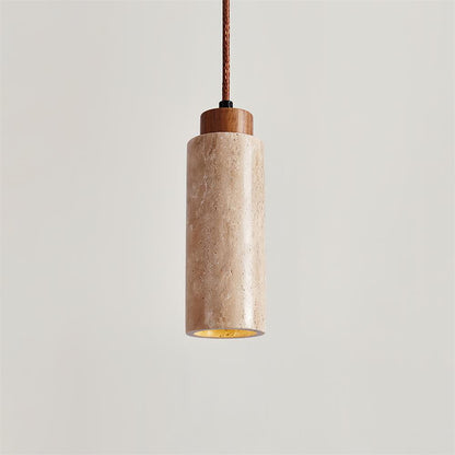 Stone Cylinder Hanging Fixture Natural Wood Accent LED Warm Glow Dining Room Kitchen Island Entryway Ceiling Light 10 inch Neutral Tone Mini