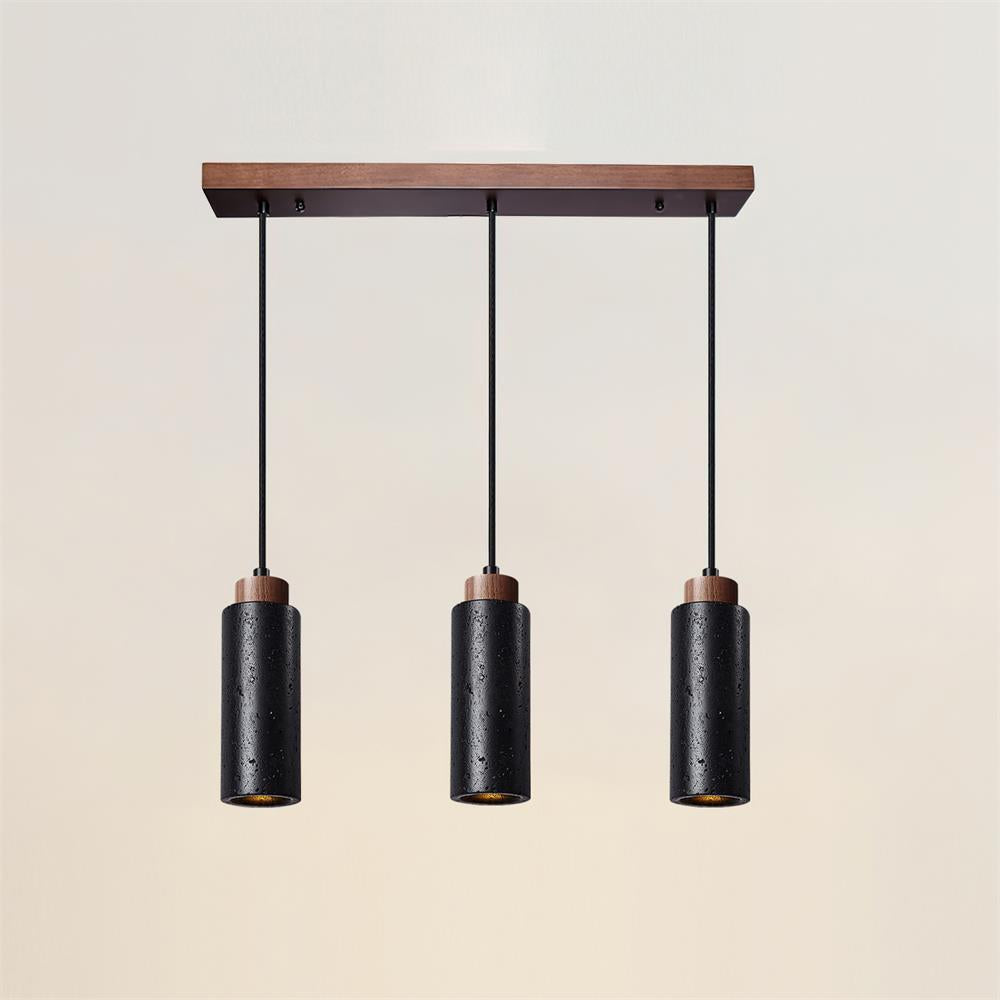 Stone Cylinder Hanging Fixture Natural Wood Accent LED Warm Glow Dining Room Kitchen Island Entryway Ceiling Light 10 inch Neutral Tone Mini