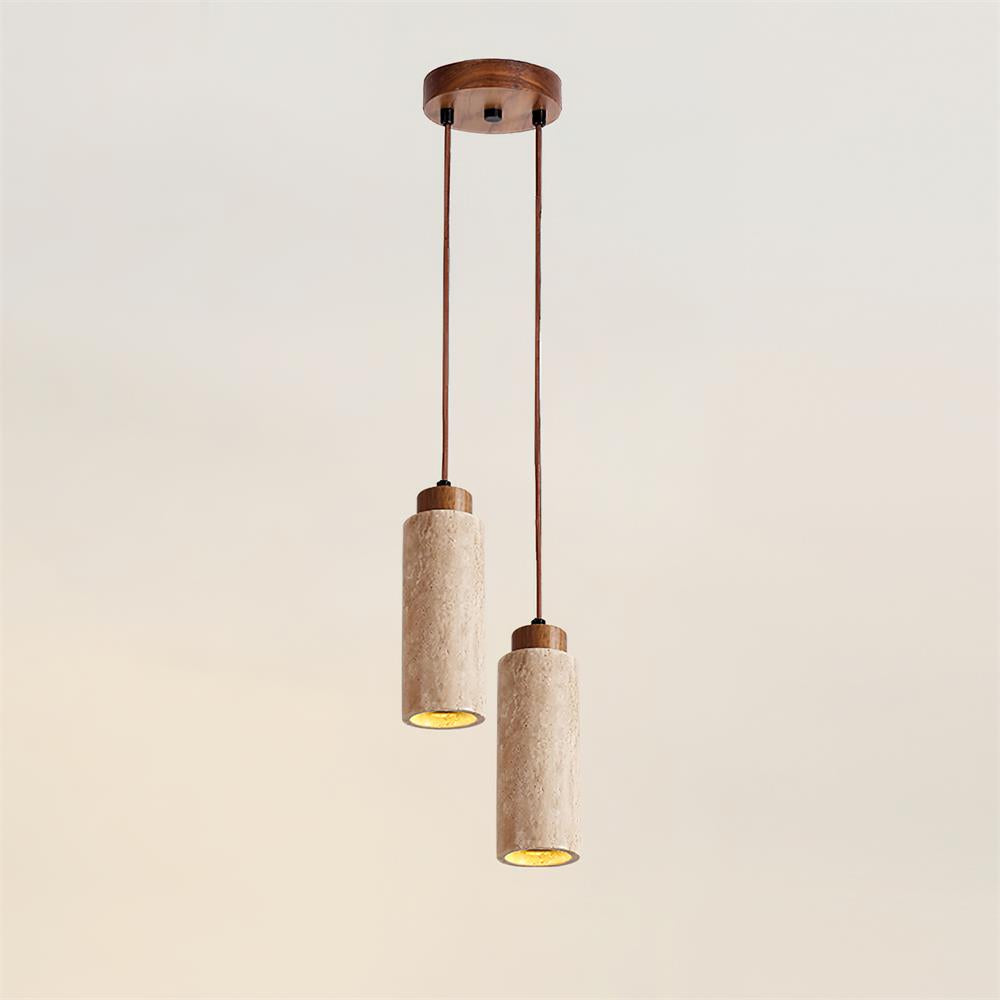 Stone Cylinder Hanging Fixture Natural Wood Accent LED Warm Glow Dining Room Kitchen Island Entryway Ceiling Light 10 inch Neutral Tone Mini
