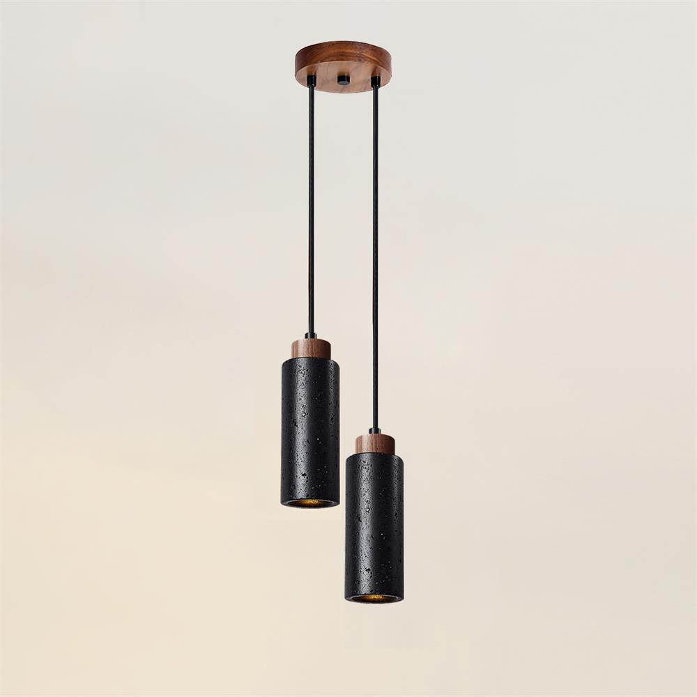 Stone Cylinder Hanging Fixture Natural Wood Accent LED Warm Glow Dining Room Kitchen Island Entryway Ceiling Light 10 inch Neutral Tone Mini