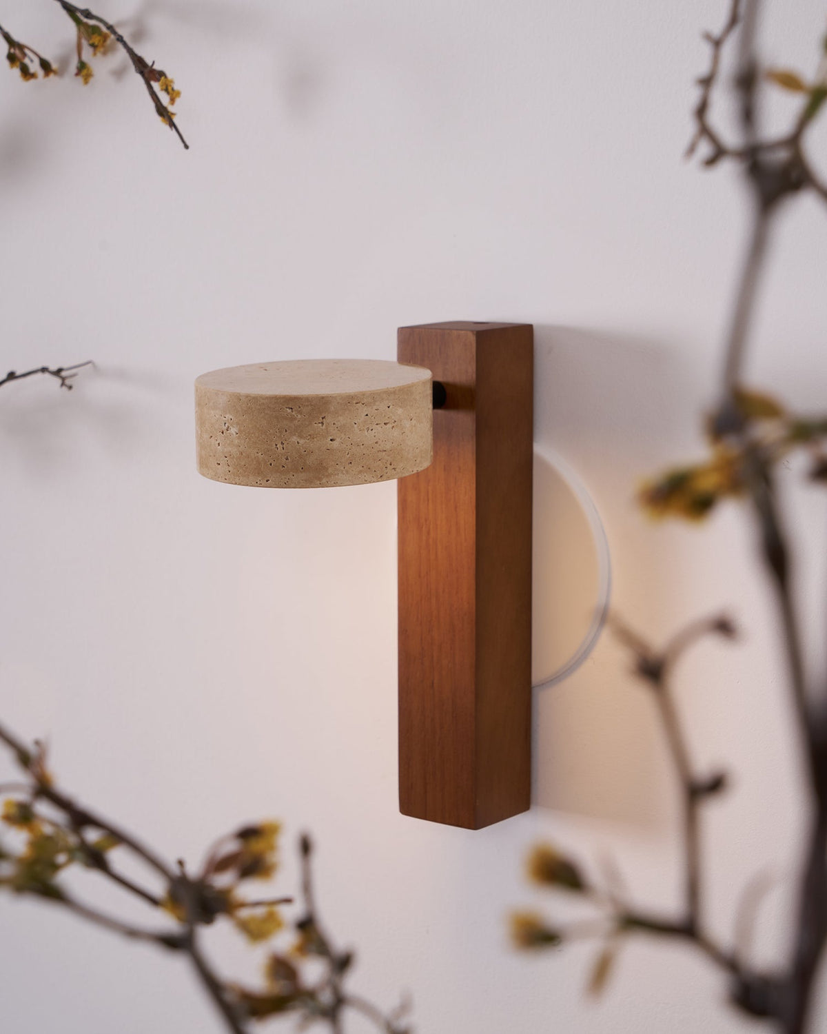 Tilted Wooden Sconce with Beige Stone Shade – 9 Inch Integrated LED Fixture for Bathroom Hallway Entryway Ambient Glow – Dimmable Indoor Wal