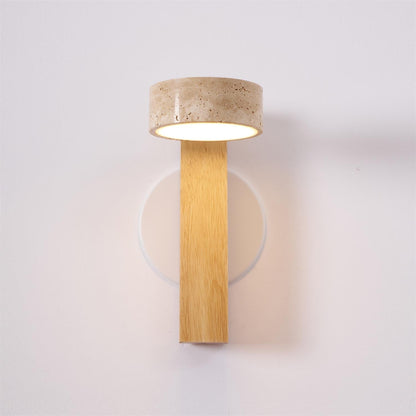 Tilted Wooden Sconce with Beige Stone Shade – 9 Inch Integrated LED Fixture for Bathroom Hallway Entryway Ambient Glow – Dimmable Indoor Wal