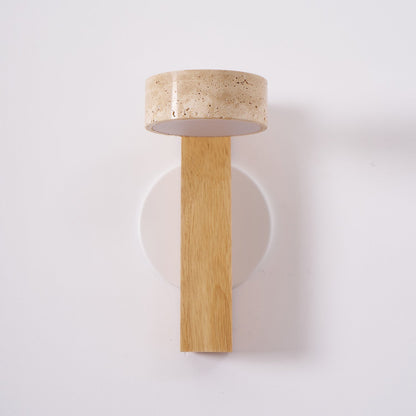 Tilted Wooden Sconce with Beige Stone Shade – 9 Inch Integrated LED Fixture for Bathroom Hallway Entryway Ambient Glow – Dimmable Indoor Wal