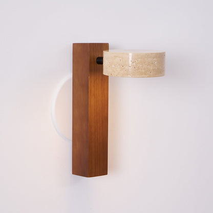 Tilted Wooden Sconce with Beige Stone Shade – 9 Inch Integrated LED Fixture for Bathroom Hallway Entryway Ambient Glow – Dimmable Indoor Wal