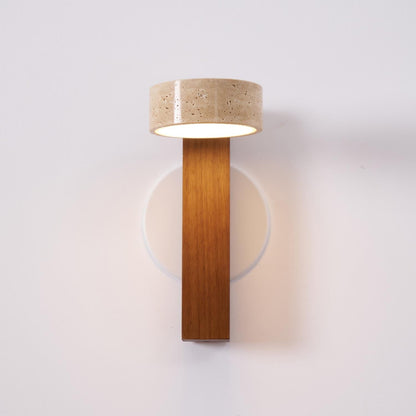 Tilted Wooden Sconce with Beige Stone Shade – 9 Inch Integrated LED Fixture for Bathroom Hallway Entryway Ambient Glow – Dimmable Indoor Wal