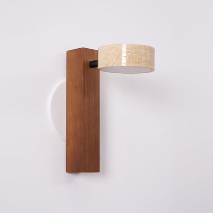 Tilted Wooden Sconce with Beige Stone Shade – 9 Inch Integrated LED Fixture for Bathroom Hallway Entryway Ambient Glow – Dimmable Indoor Wal