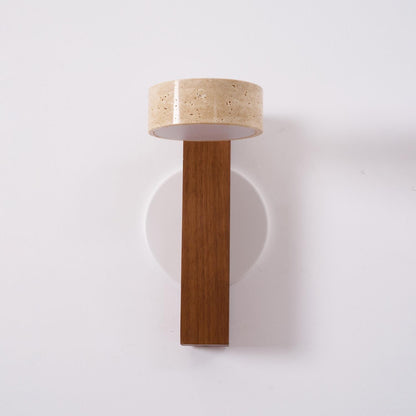 Tilted Wooden Sconce with Beige Stone Shade – 9 Inch Integrated LED Fixture for Bathroom Hallway Entryway Ambient Glow – Dimmable Indoor Wal