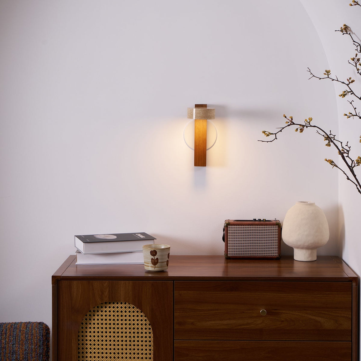 Tilted Wooden Sconce with Beige Stone Shade – 9 Inch Integrated LED Fixture for Bathroom Hallway Entryway Ambient Glow – Dimmable Indoor Wal