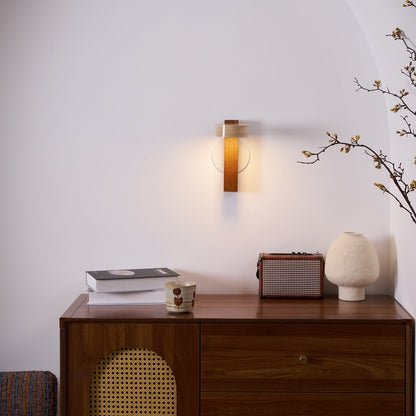 Tilted Wooden Sconce with Beige Stone Shade – 9 Inch Integrated LED Fixture for Bathroom Hallway Entryway Ambient Glow – Dimmable Indoor Wal