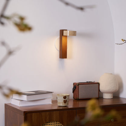 Tilted Wooden Sconce with Beige Stone Shade – 9 Inch Integrated LED Fixture for Bathroom Hallway Entryway Ambient Glow – Dimmable Indoor Wal