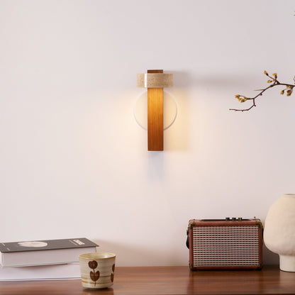 Tilted Wooden Sconce with Beige Stone Shade – 9 Inch Integrated LED Fixture for Bathroom Hallway Entryway Ambient Glow – Dimmable Indoor Wal
