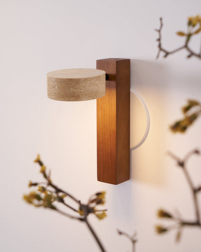 Tilted Wooden Sconce with Beige Stone Shade – 9 Inch Integrated LED Fixture for Bathroom Hallway Entryway Ambient Glow – Dimmable Indoor Wal