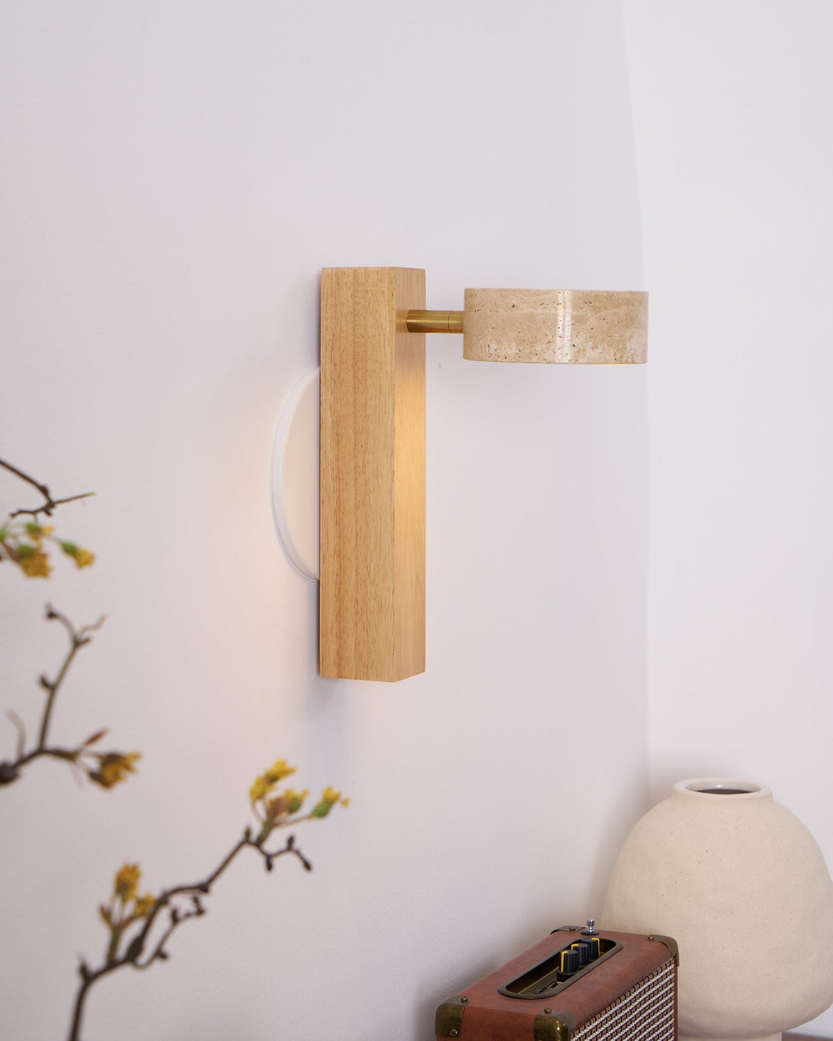 Tilted Wooden Sconce with Beige Stone Shade – 9 Inch Integrated LED Fixture for Bathroom Hallway Entryway Ambient Glow – Dimmable Indoor Wal