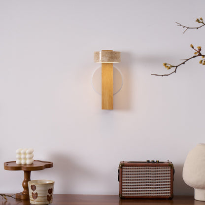 Tilted Wooden Sconce with Beige Stone Shade – 9 Inch Integrated LED Fixture for Bathroom Hallway Entryway Ambient Glow – Dimmable Indoor Wal