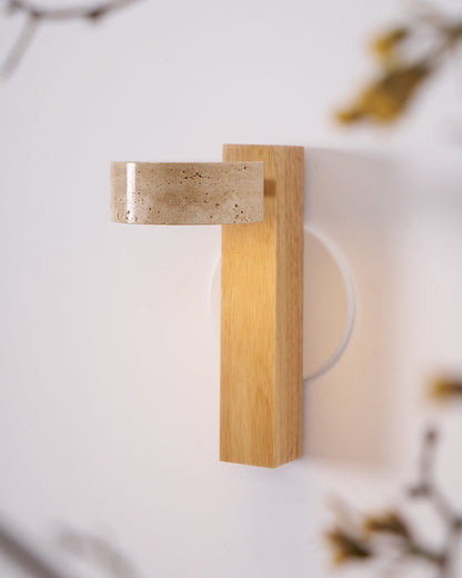 Tilted Wooden Sconce with Beige Stone Shade – 9 Inch Integrated LED Fixture for Bathroom Hallway Entryway Ambient Glow – Dimmable Indoor Wal
