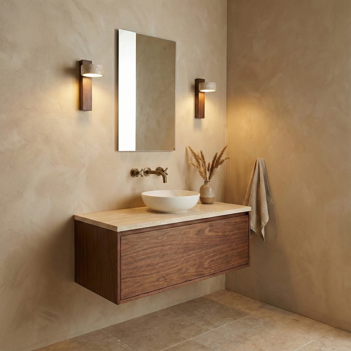 Tilted Wooden Sconce with Beige Stone Shade – 9 Inch Integrated LED Fixture for Bathroom Hallway Entryway Ambient Glow – Dimmable Indoor Wal