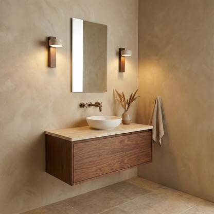 Tilted Wooden Sconce with Beige Stone Shade – 9 Inch Integrated LED Fixture for Bathroom Hallway Entryway Ambient Glow – Dimmable Indoor Wal