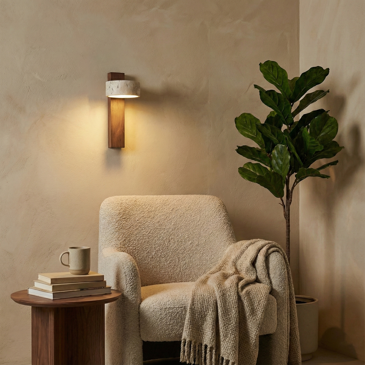 Tilted Wooden Sconce with Beige Stone Shade – 9 Inch Integrated LED Fixture for Bathroom Hallway Entryway Ambient Glow – Dimmable Indoor Wal