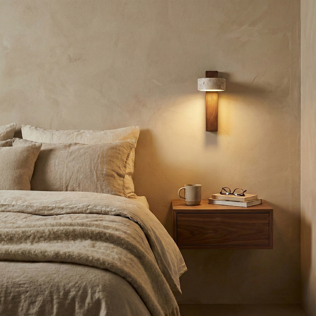 Tilted Wooden Sconce with Beige Stone Shade – 9 Inch Integrated LED Fixture for Bathroom Hallway Entryway Ambient Glow – Dimmable Indoor Wal