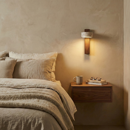 Tilted Wooden Sconce with Beige Stone Shade – 9 Inch Integrated LED Fixture for Bathroom Hallway Entryway Ambient Glow – Dimmable Indoor Wal