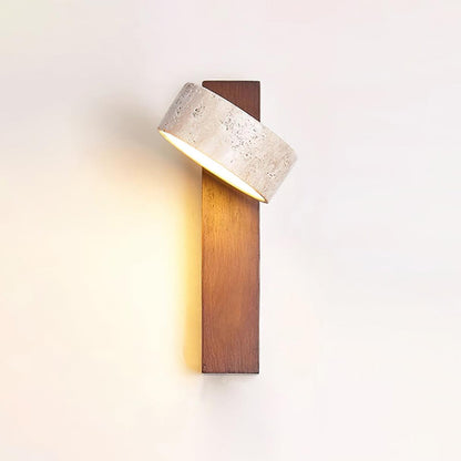 Tilted Wooden Sconce with Beige Stone Shade – 9 Inch Integrated LED Fixture for Bathroom Hallway Entryway Ambient Glow – Dimmable Indoor Wal