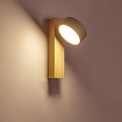Tilted Wooden Sconce with Beige Stone Shade – 9 Inch Integrated LED Fixture for Bathroom Hallway Entryway Ambient Glow – Dimmable Indoor Wal