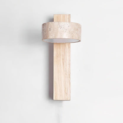 Tilted Wooden Sconce with Beige Stone Shade – 9 Inch Integrated LED Fixture for Bathroom Hallway Entryway Ambient Glow – Dimmable Indoor Wal