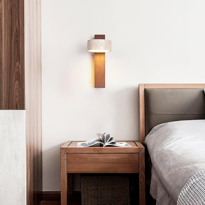 Tilted Wooden Sconce with Beige Stone Shade – 9 Inch Integrated LED Fixture for Bathroom Hallway Entryway Ambient Glow – Dimmable Indoor Wal