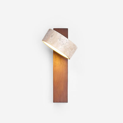 Tilted Wooden Sconce with Beige Stone Shade – 9 Inch Integrated LED Fixture for Bathroom Hallway Entryway Ambient Glow – Dimmable Indoor Wal