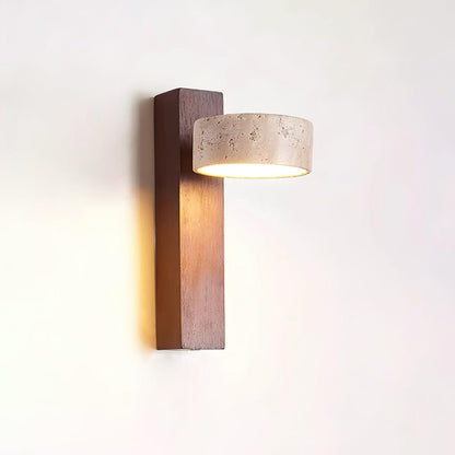 Tilted Wooden Sconce with Beige Stone Shade – 9 Inch Integrated LED Fixture for Bathroom Hallway Entryway Ambient Glow – Dimmable Indoor Wal
