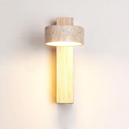 Tilted Wooden Sconce with Beige Stone Shade – 9 Inch Integrated LED Fixture for Bathroom Hallway Entryway Ambient Glow – Dimmable Indoor Wal