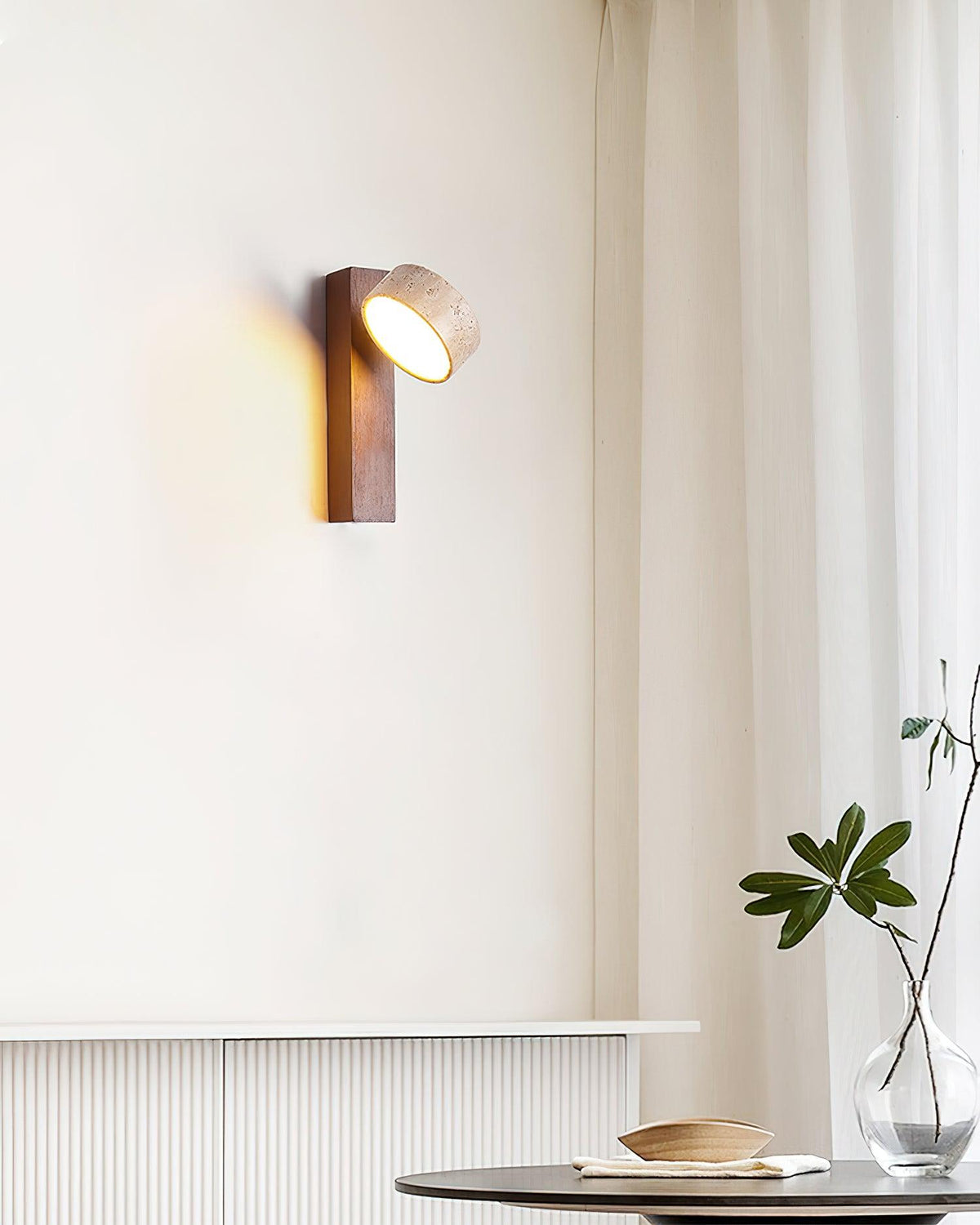 Tilted Wooden Sconce with Beige Stone Shade – 9 Inch Integrated LED Fixture for Bathroom Hallway Entryway Ambient Glow – Dimmable Indoor Wal
